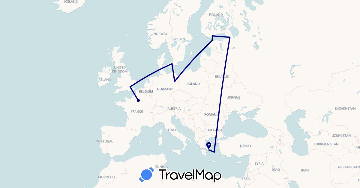 TravelMap itinerary: driving in Germany, Denmark, Estonia, Finland, France, United Kingdom, Greece, Russia (Europe)